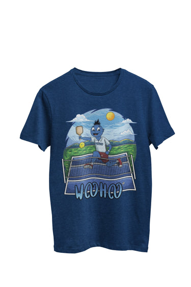 WooHooBerry enthusiastically engaged in an outdoor game of pickleball, donning a navy T-shirt with a prominent 'WooHoo' design. The navy T-shirt enhances the energetic and spirited atmosphere of the sport.